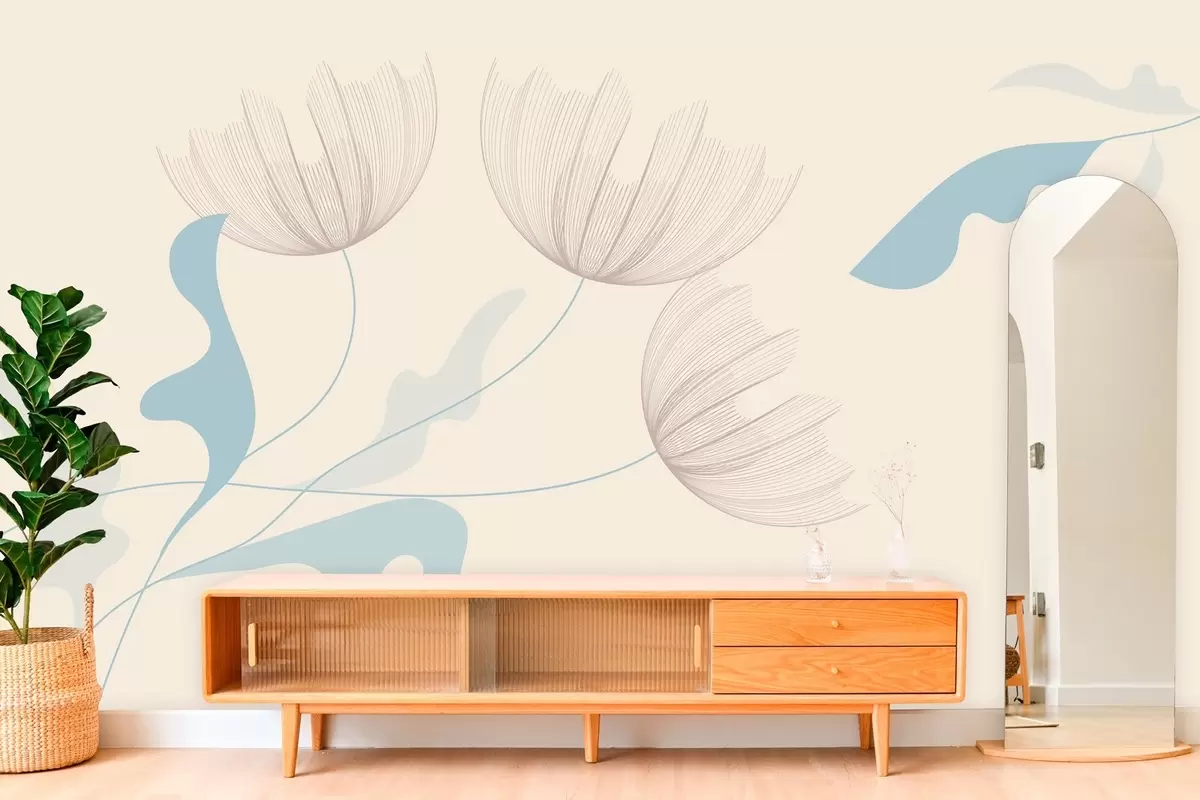murales de pared elegantes flores minimalistas en tonos azul claro sobre fondo beige w03763v1