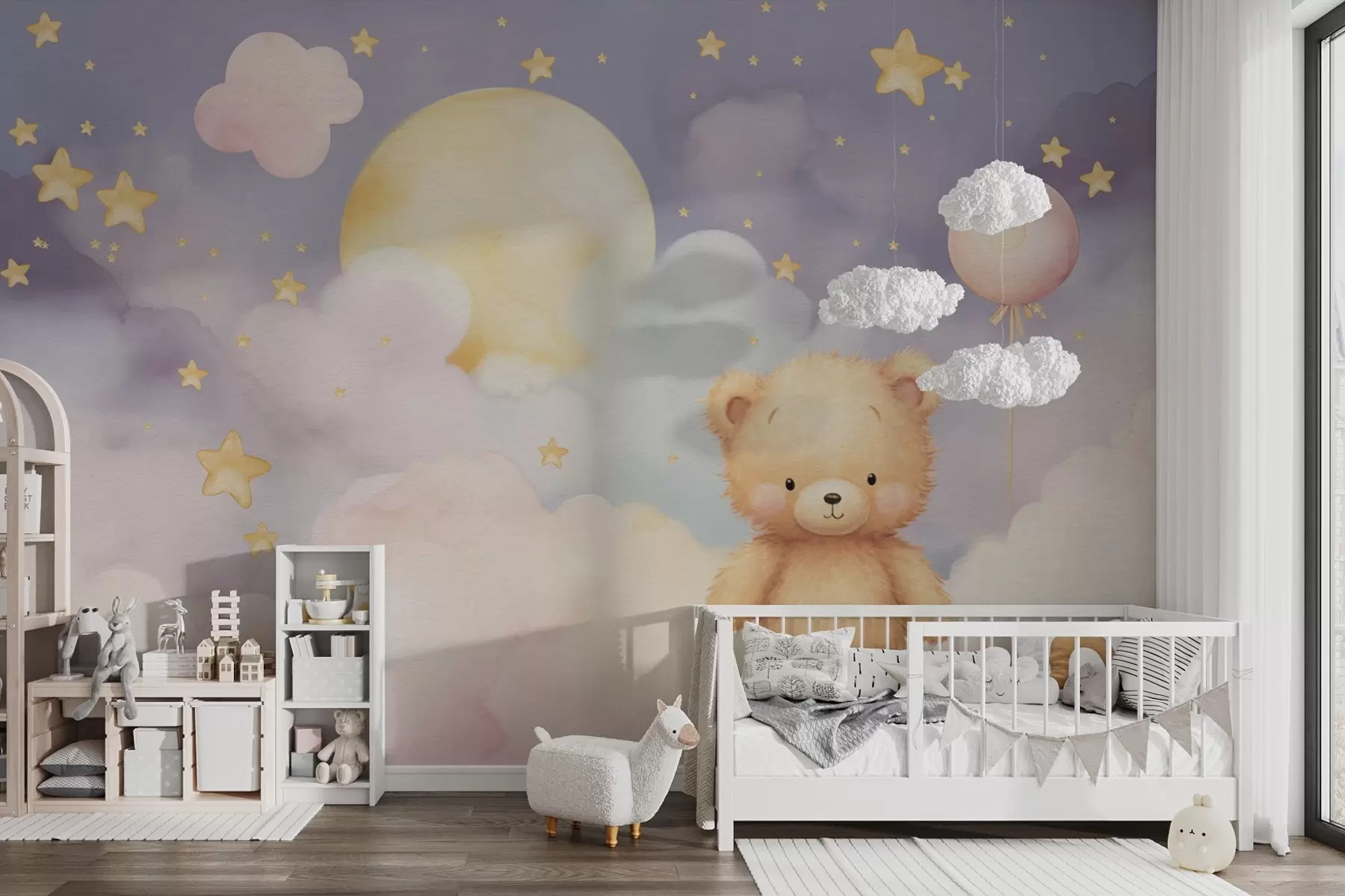 murales de pared Bonito oso en una nube con luna y estrellas w03864