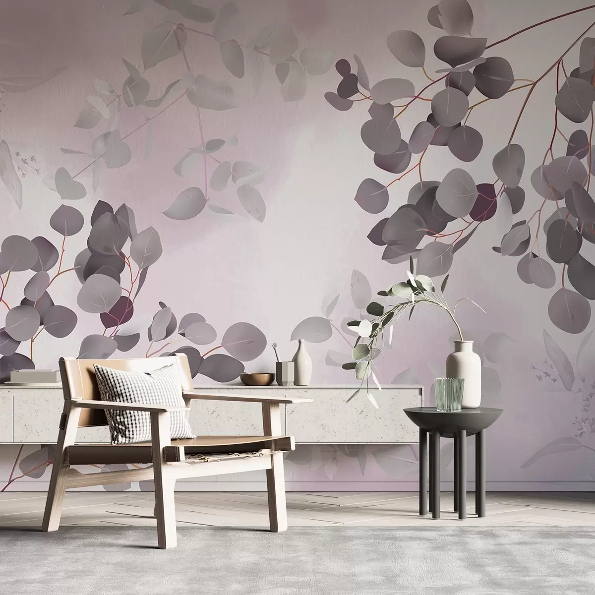 murales de pared Ramas con hojas en tonos rosados w03719v1
