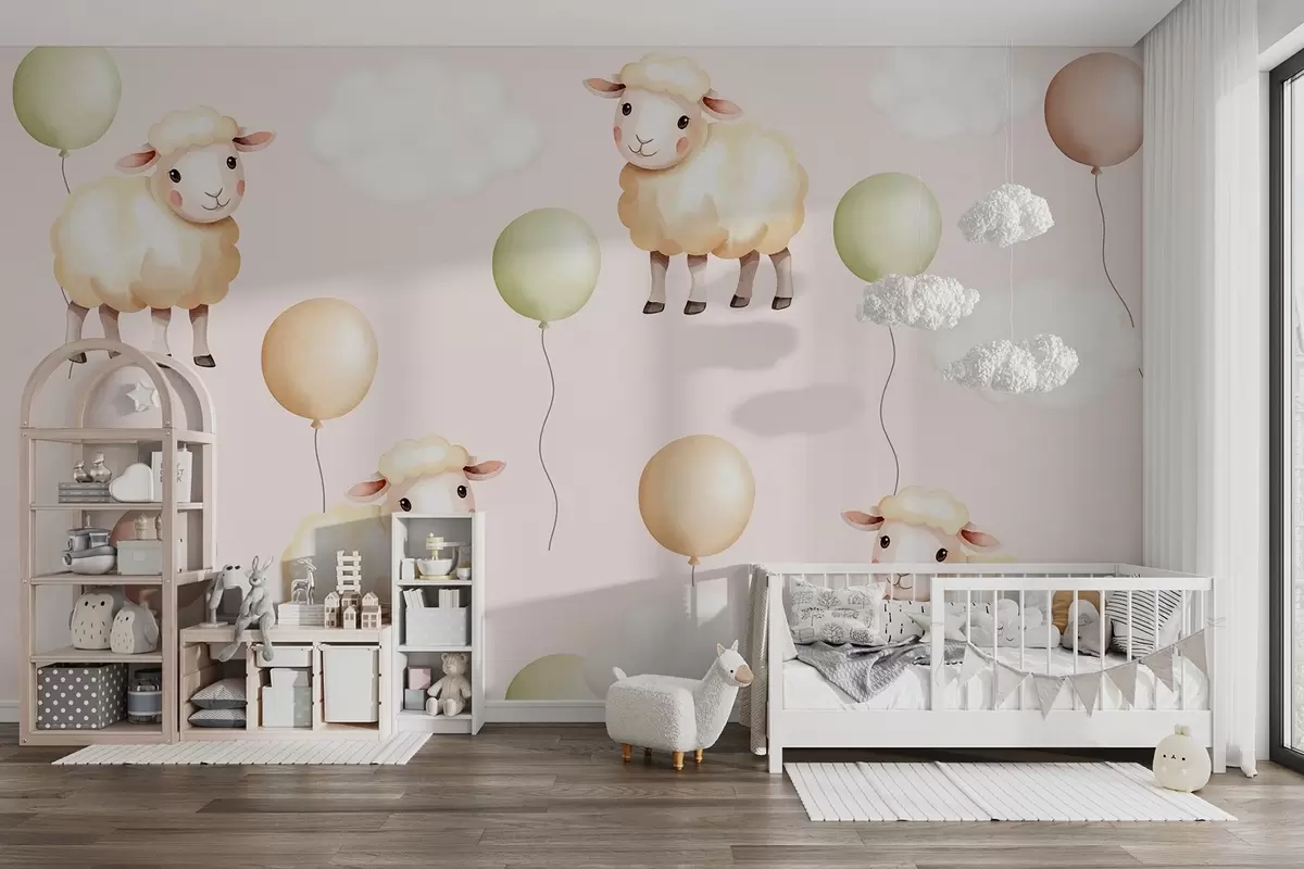 murales de pared Simpáticas ovejas y globos w03860