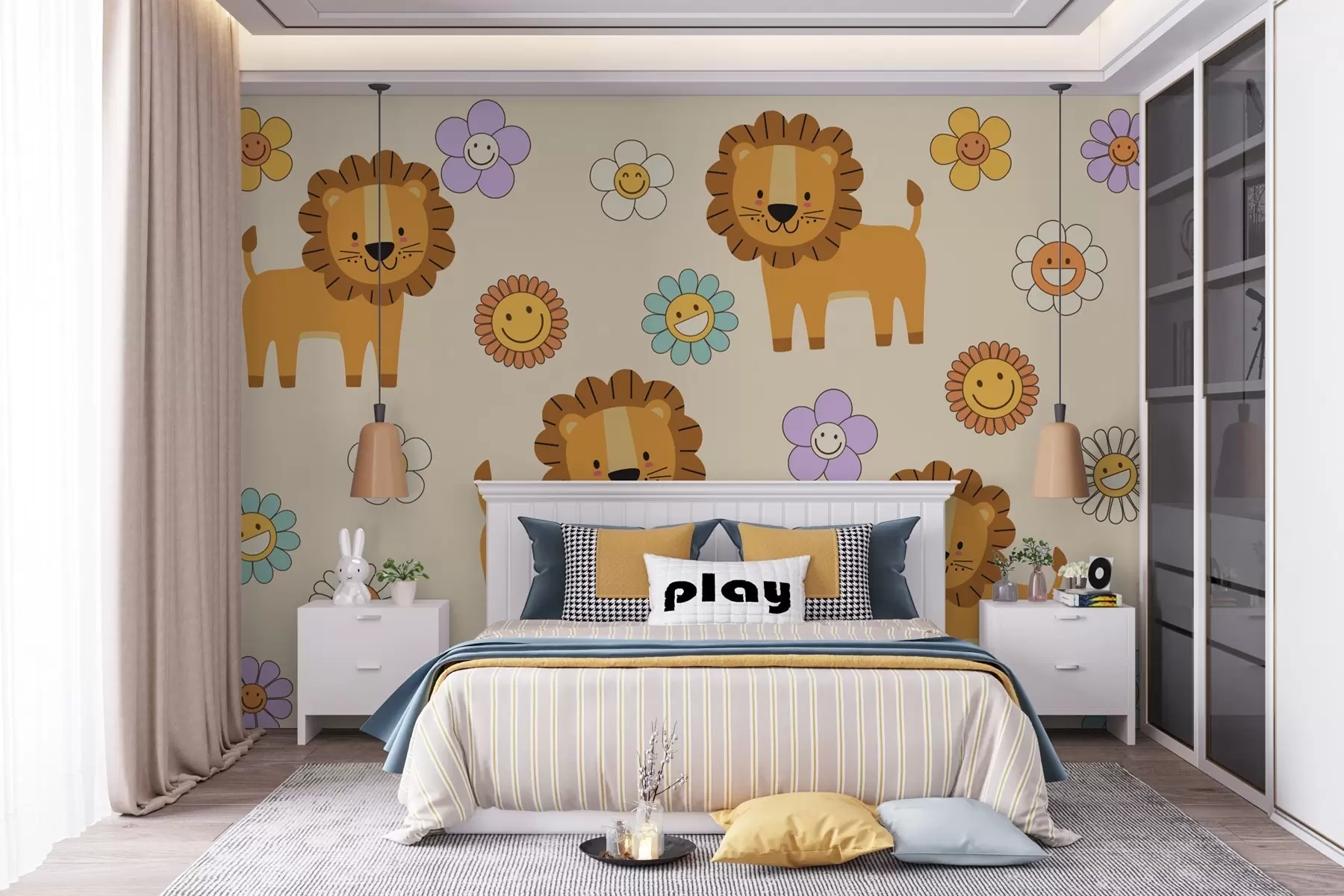 murales de pared Bonitos cachorros de león y flores w03863