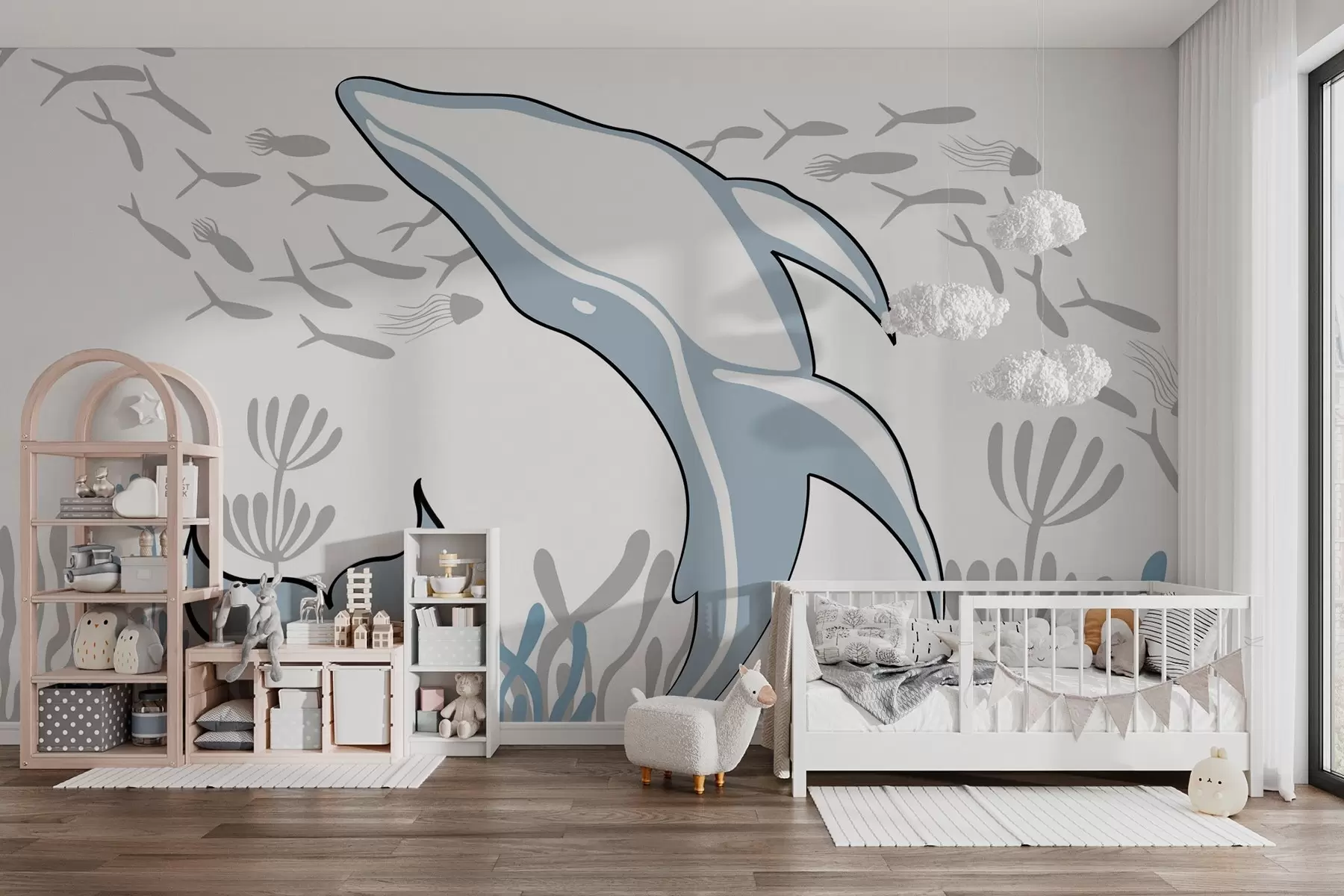 murales de pared Una ballena entre peces y algas w03853v1