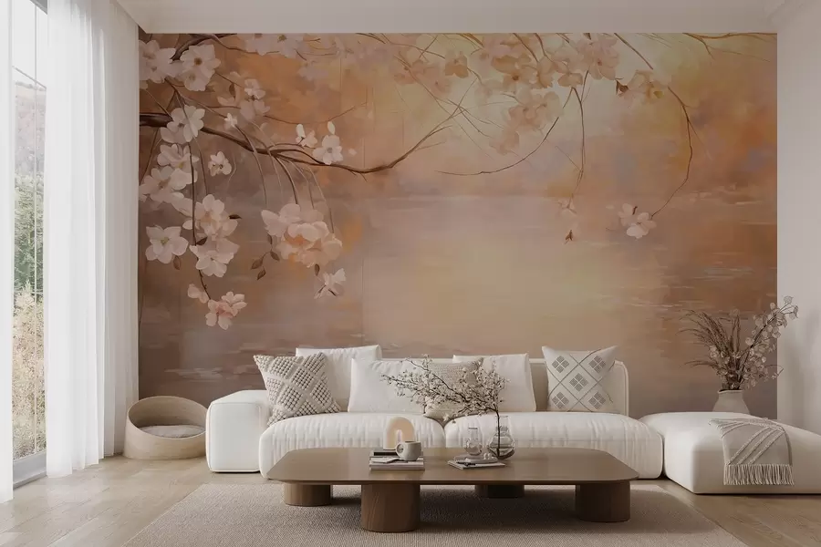 murales de pared Arte abstracto del paisaje con la rama de la flor y las flores blancas que cuelgan sobre un lago, colores pastel suaves w09046