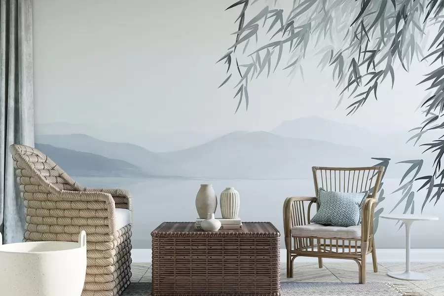 murales de pared Hojas de bambú colgando sobre un lago con montañas al fondo, suaves tonos azules y blancos, estilo de pintura de lavado de tinta w09048