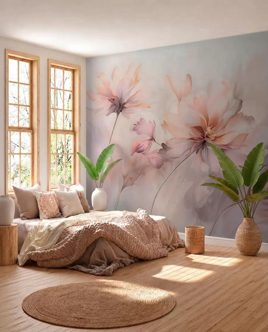murales de pared Un delicado arte floral con grandes flores de colores pastel con pétalos translúcidos, tallos suaves y un suave fondo difuminado w09050