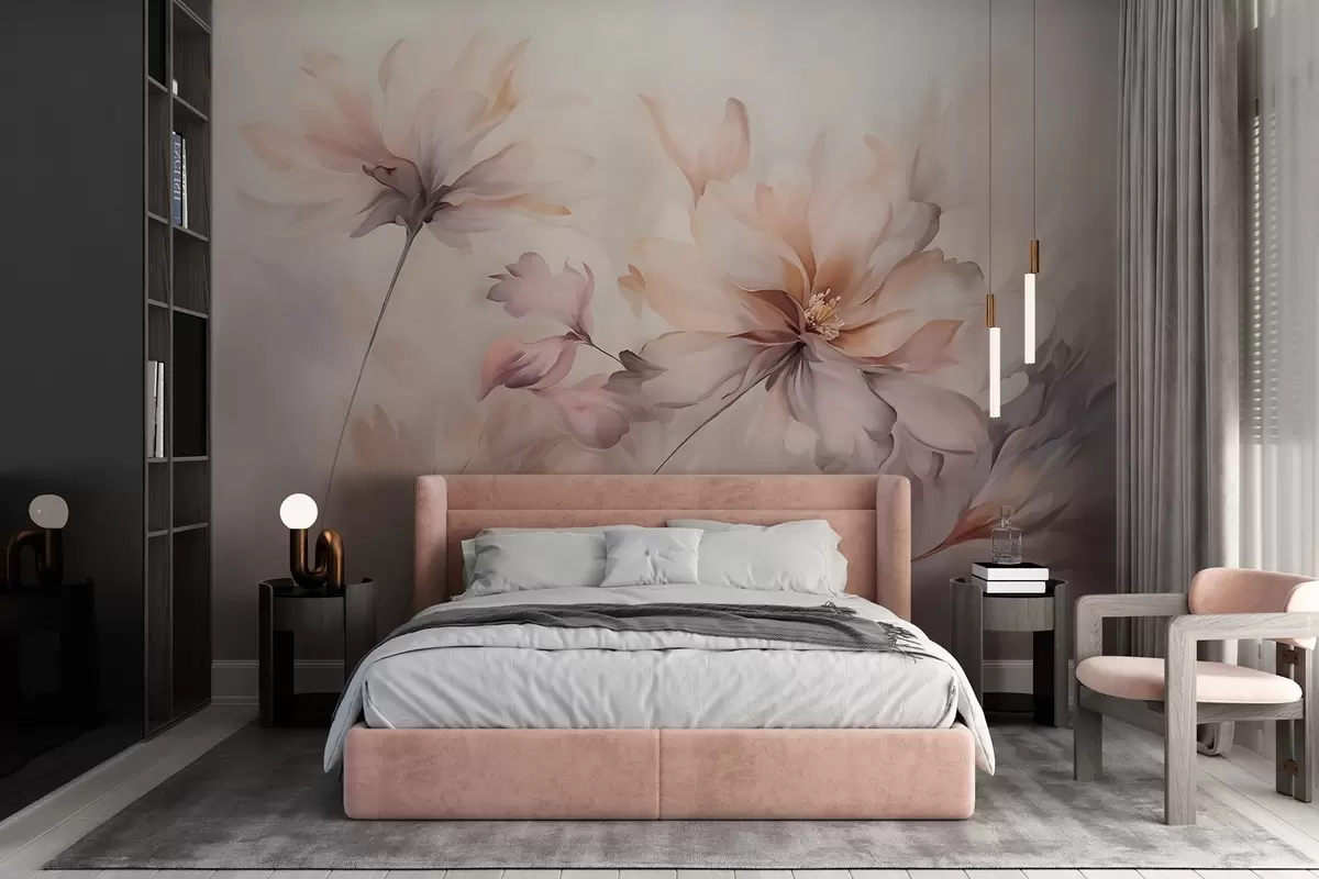 murales de pared Un delicado arte floral con grandes flores de colores pastel con pétalos translúcidos, tallos suaves y un suave fondo difuminado w09050