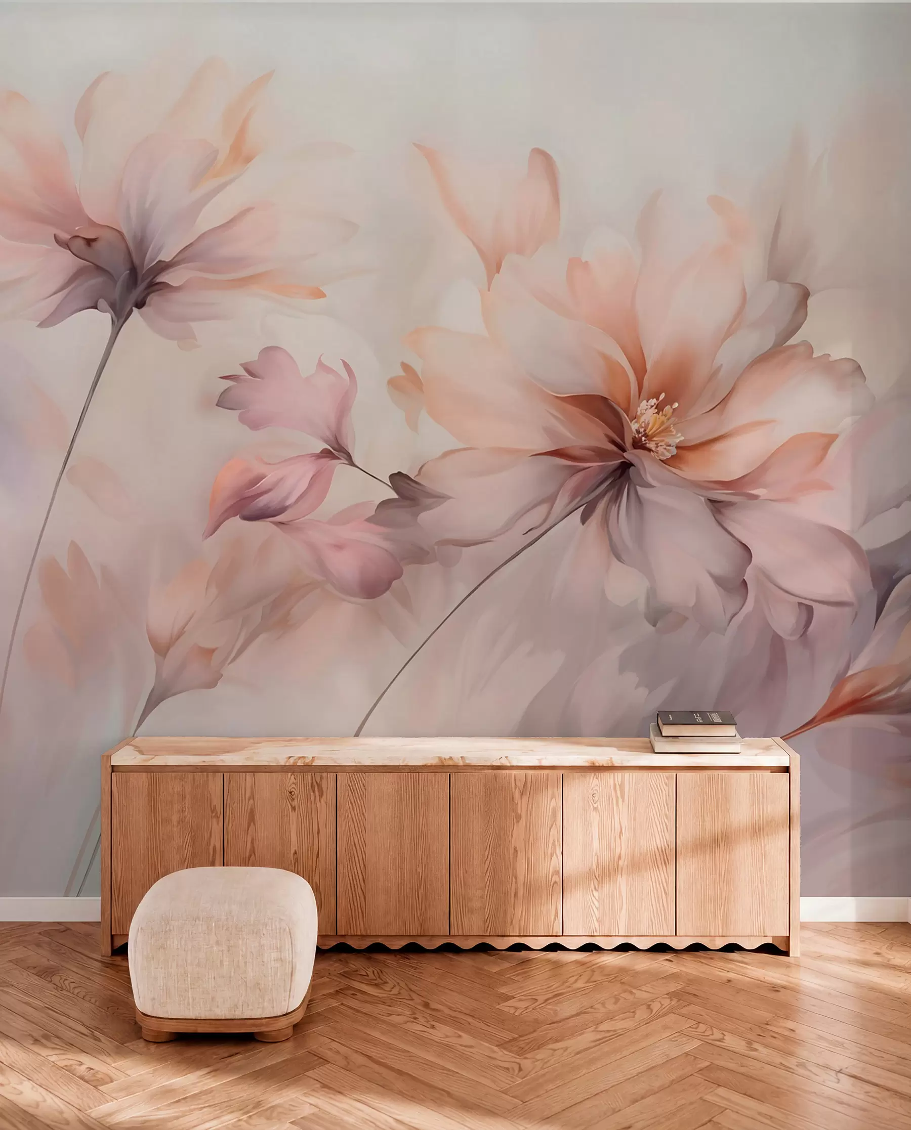 murales de pared Un delicado arte floral con grandes flores de colores pastel con pétalos translúcidos, tallos suaves y un suave fondo difuminado w09050