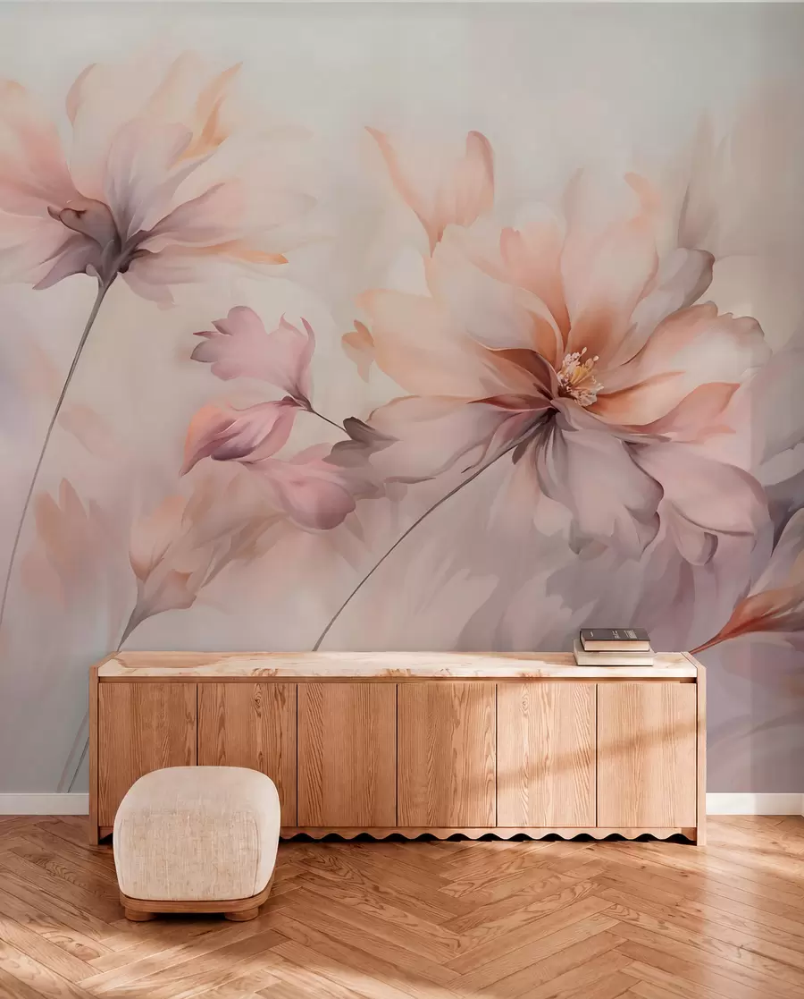 murales de pared Un delicado arte floral con grandes flores de colores pastel con pétalos translúcidos, tallos suaves y un suave fondo difuminado w09050