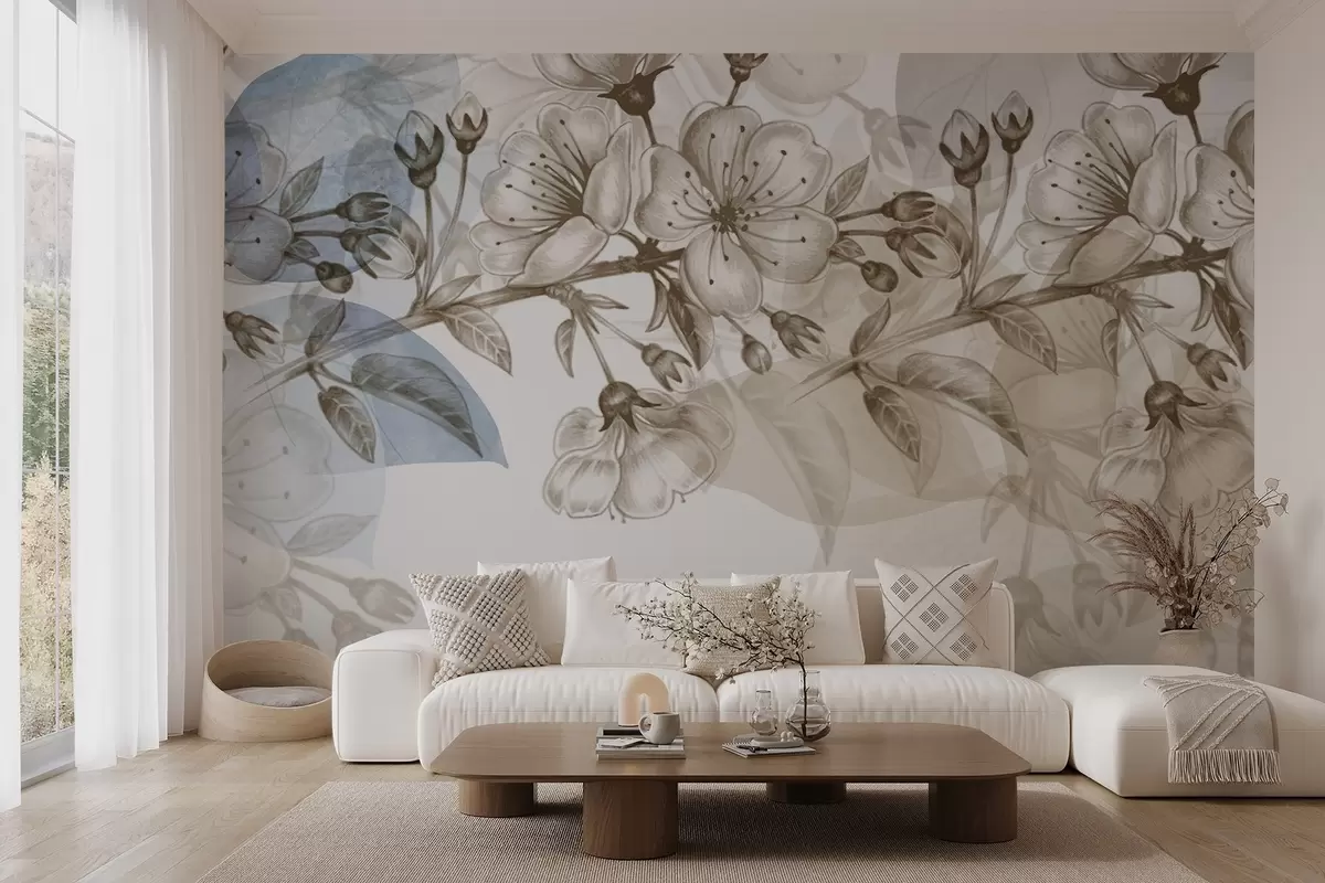 murales de pared Ramo de cerezo con flores y capullos, tonos sepia, fondo suave tipo acuarela con tonos azules y marrones w09051