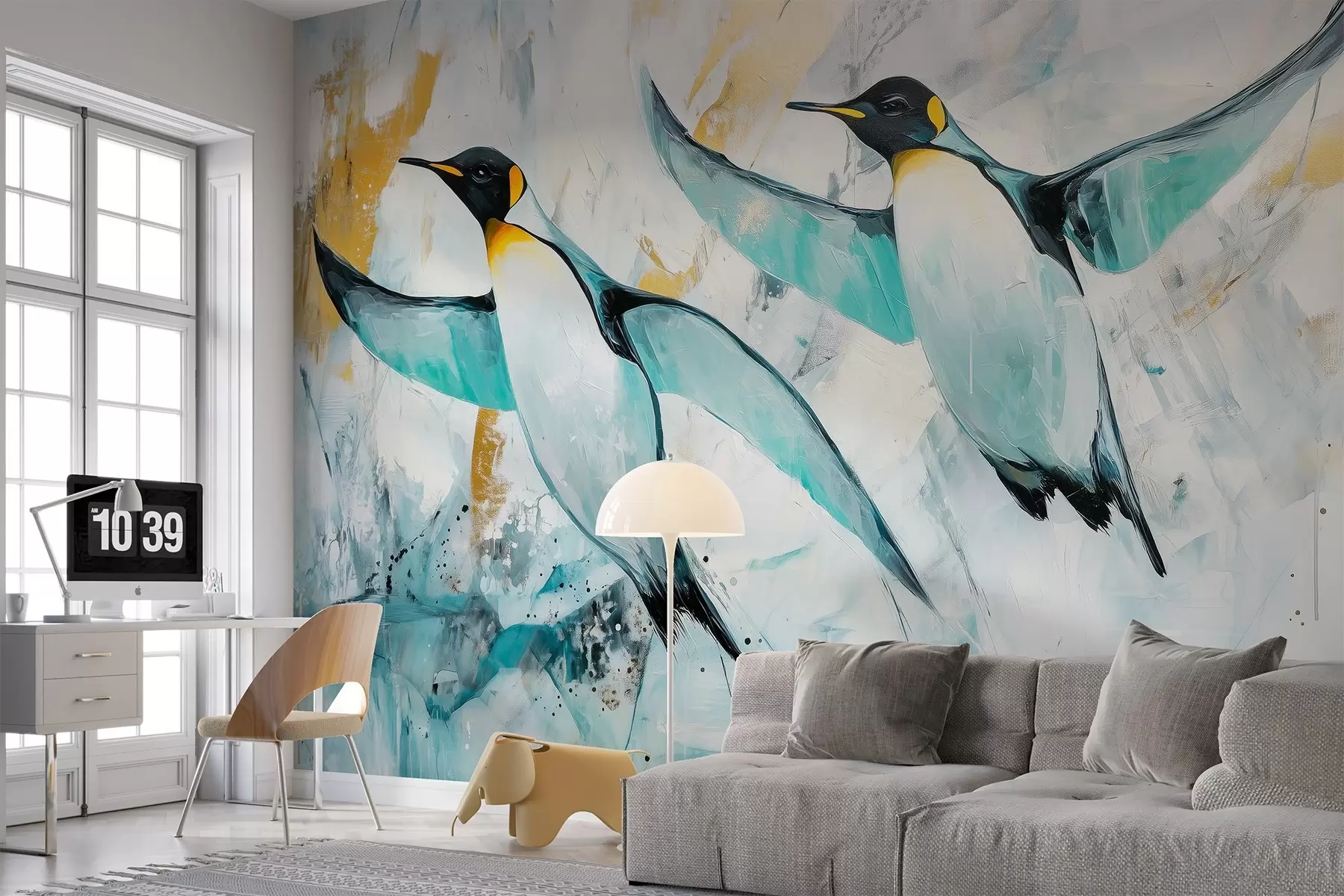 murales de pared Simpáticos pingüinos, Antártida, hielo azul, animales, dibujo al óleo w03883