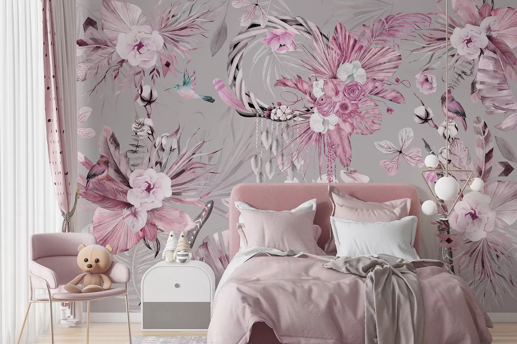 murales de pared Adorno de estilo boho con flores de peonía y pájaros, estilo acuarela, colores rosas w03885v1