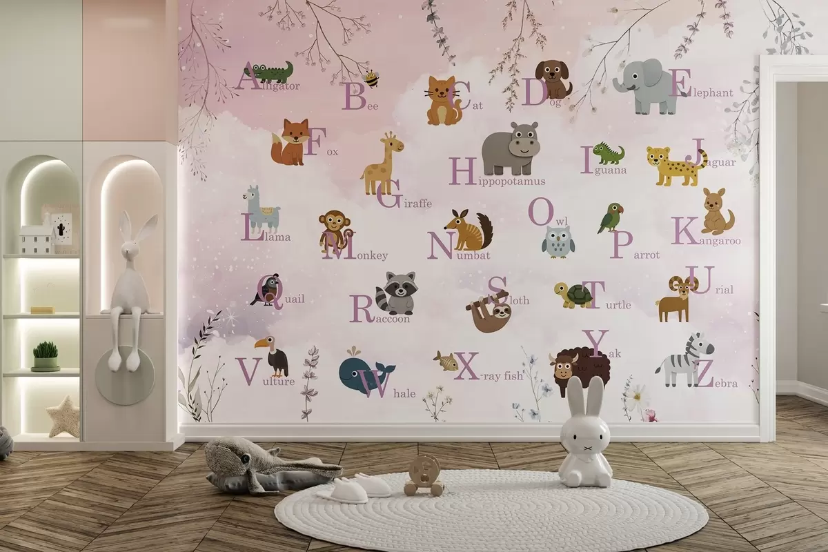 murales de pared Alfabeto con letras rosas, plantas y cielo w03809