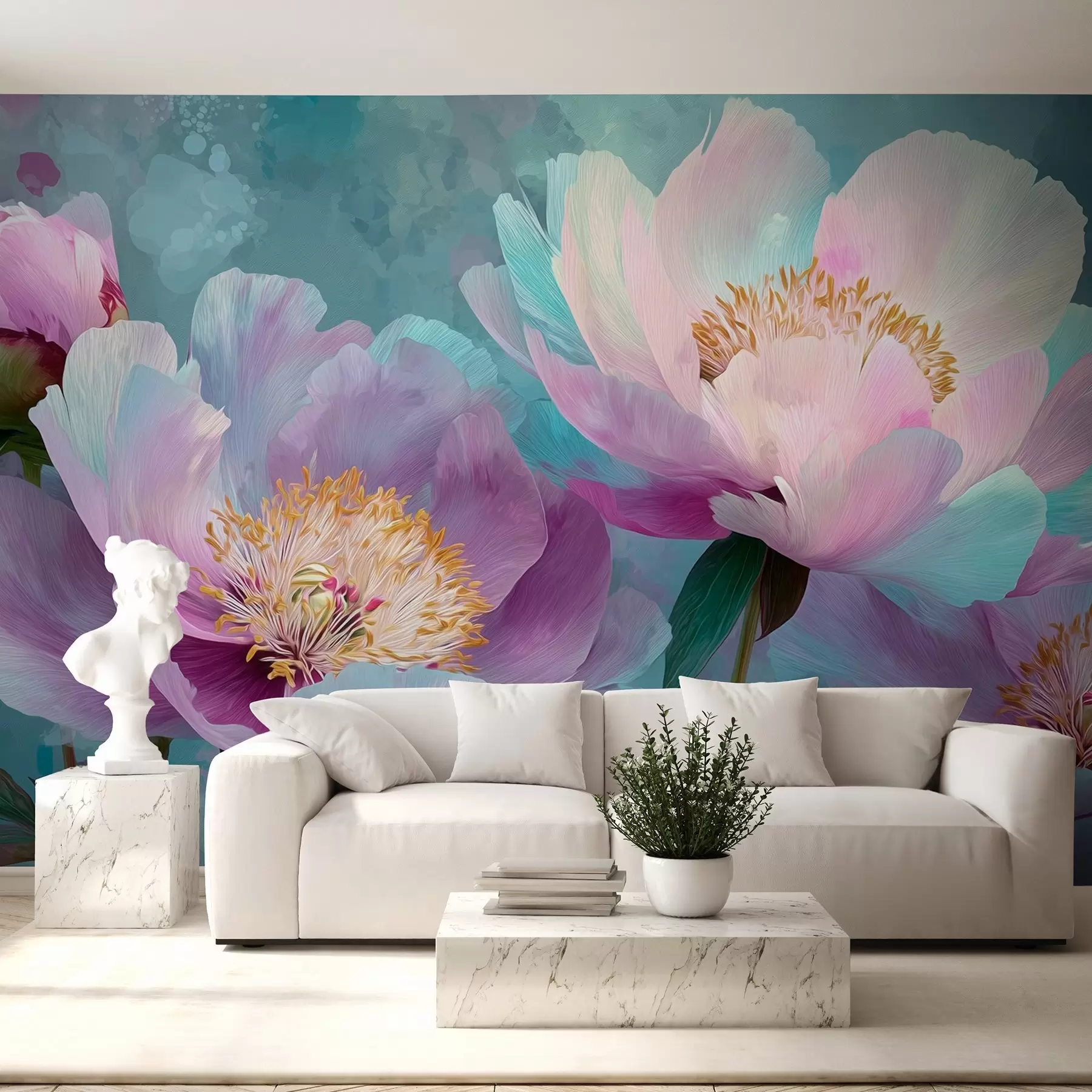 murales de pared Peonías de colores en tonos azules y morados w09087