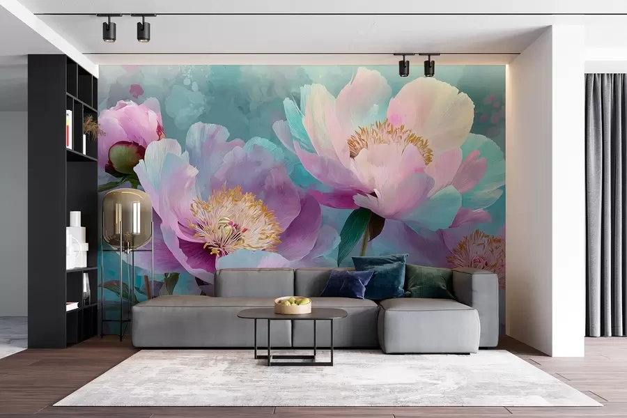 murales de pared Peonías de colores en tonos azules y morados w09087