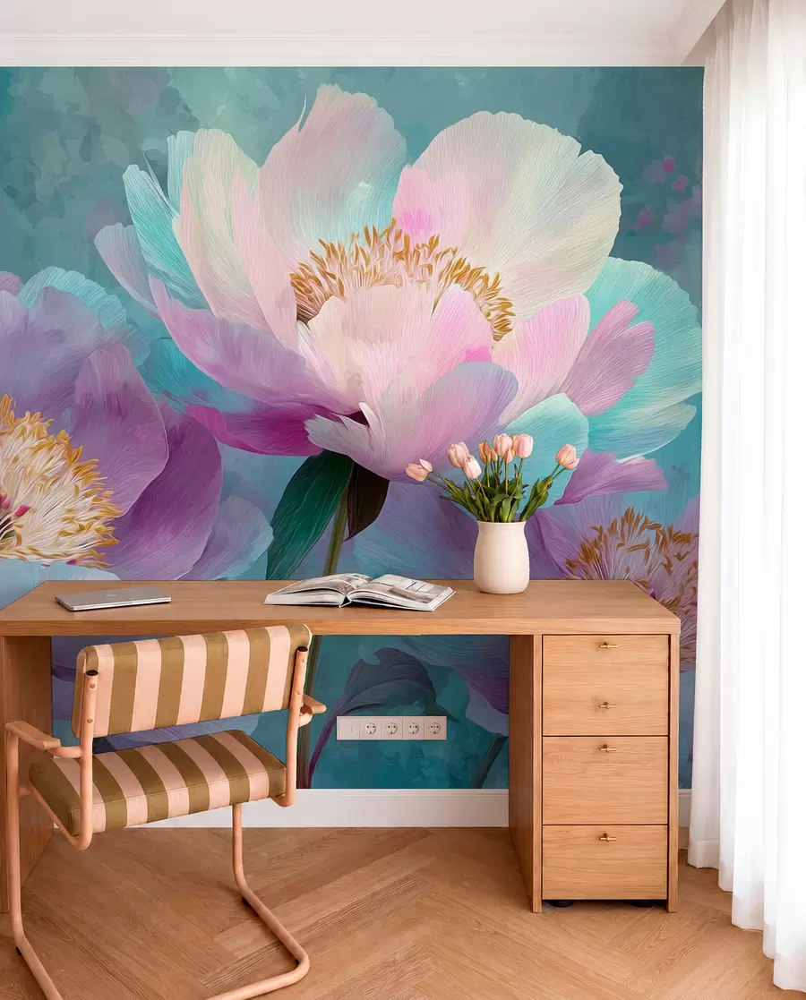 murales de pared Peonías de colores en tonos azules y morados w09087