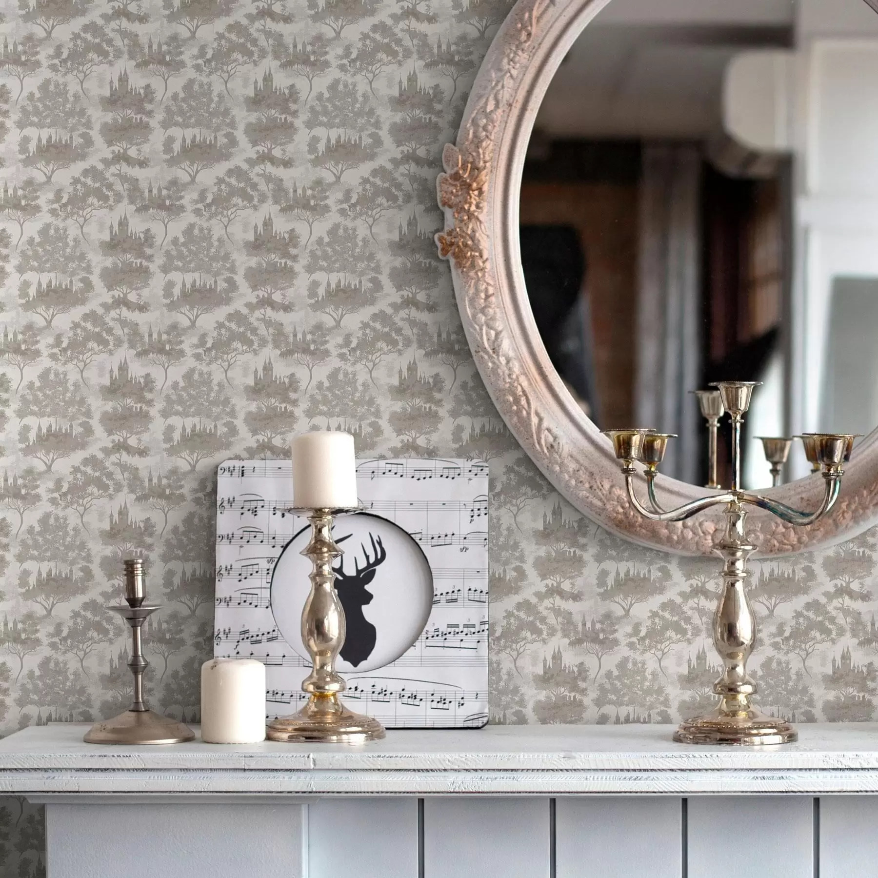 murales de pared Castillo en el bosque en estilo gris y beige a00130