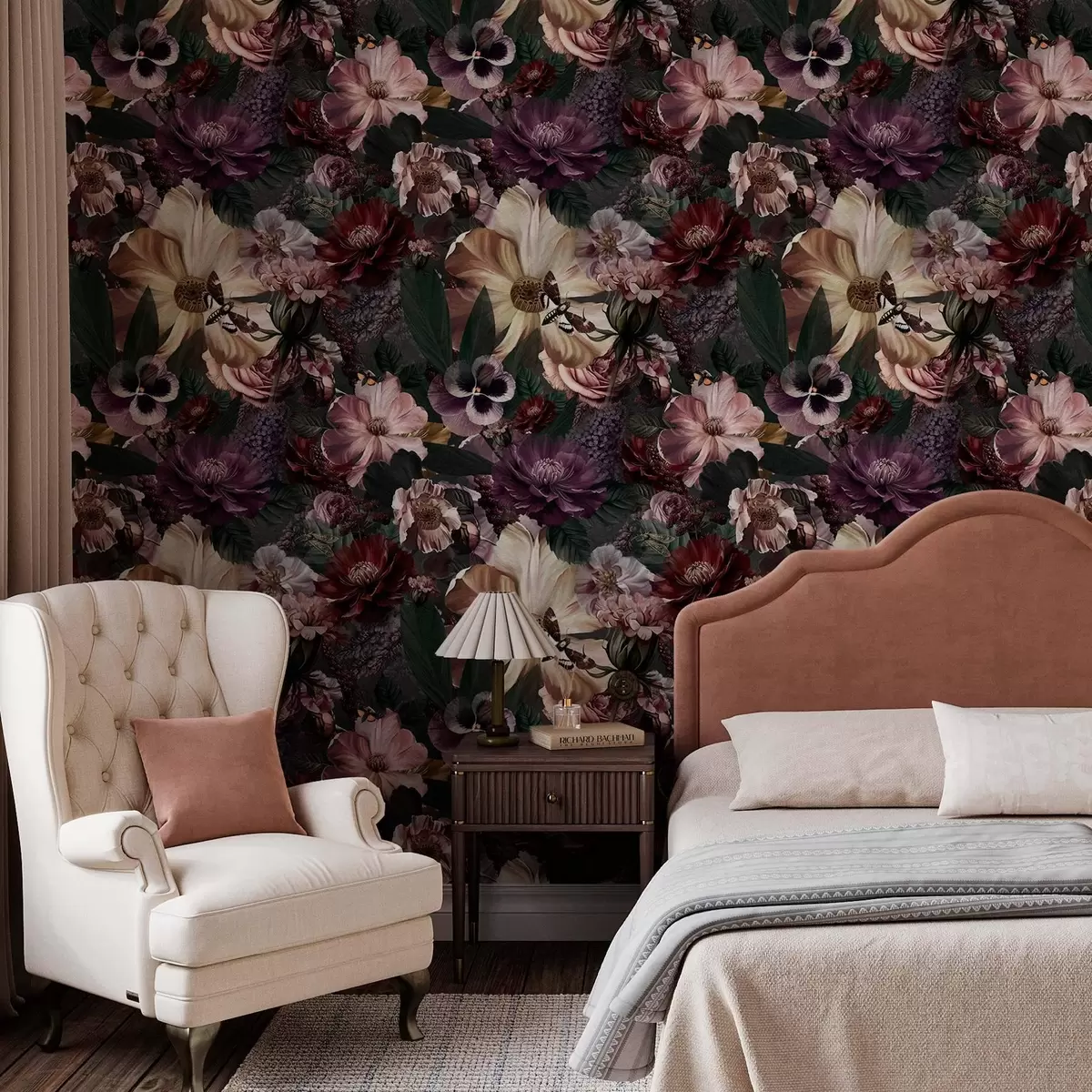 Papel pintado Estampado floral artístico en colores oscuros a00147