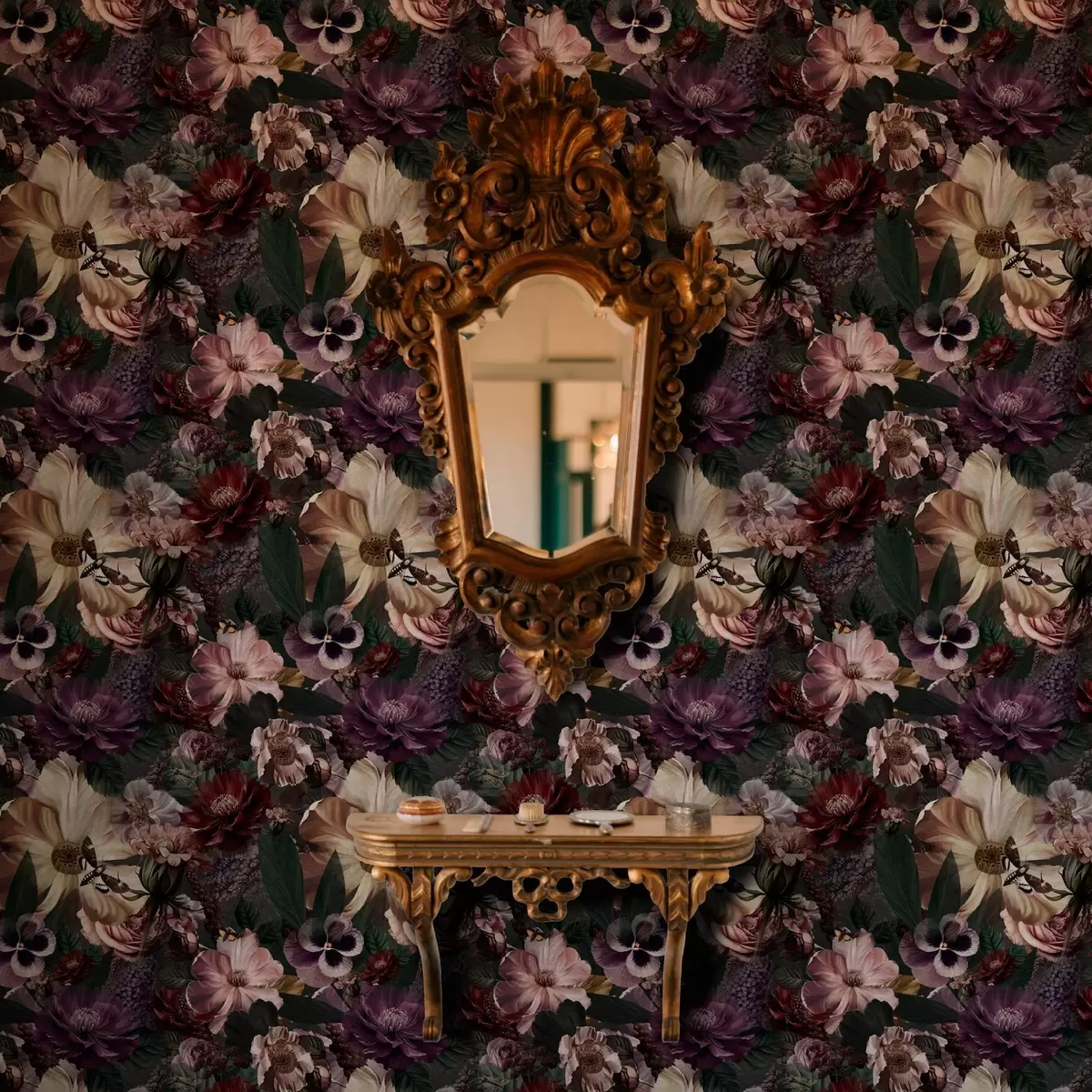 Papel pintado Estampado floral artístico en colores oscuros a00147