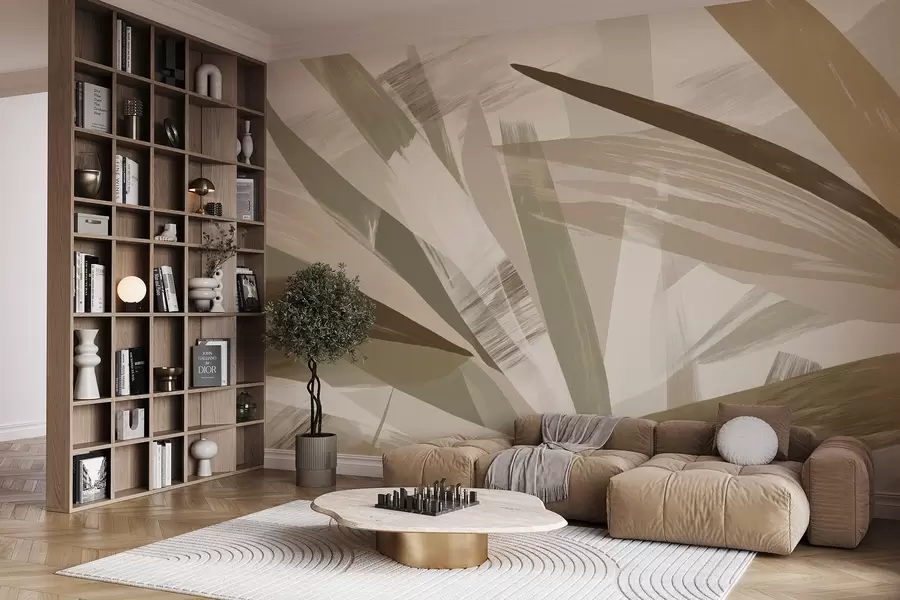 murales de pared Hojas abstractas en tonos verdes y beige w09091