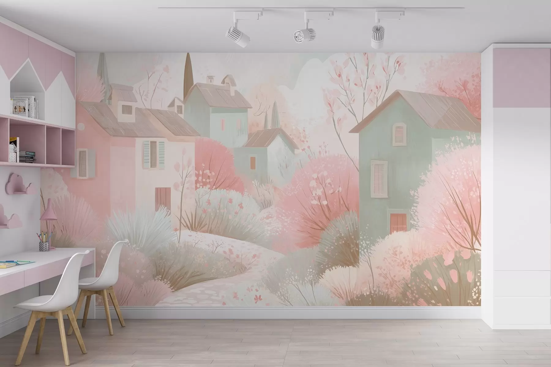 murales de pared Ciudad de cuento al óleo en tonos rosas w09095