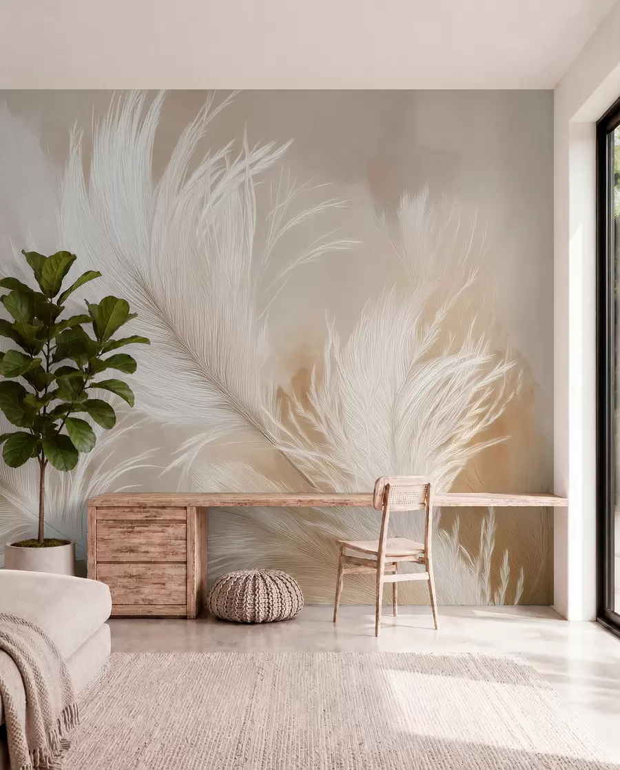 murales de pared Plumas voladoras sobre fondo beige w09102