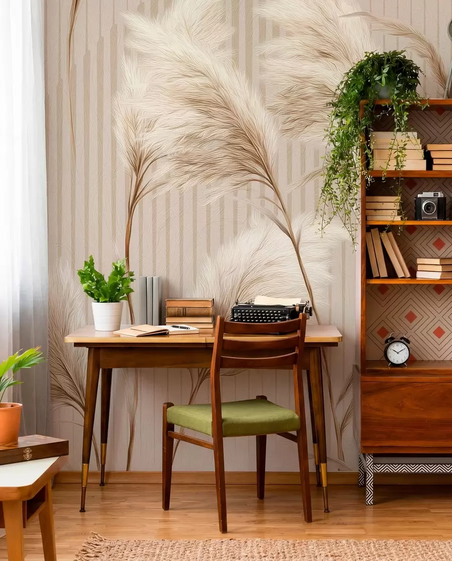 murales de pared Hierba de la Pampa sobre un fondo de líneas en tonos beige w09104