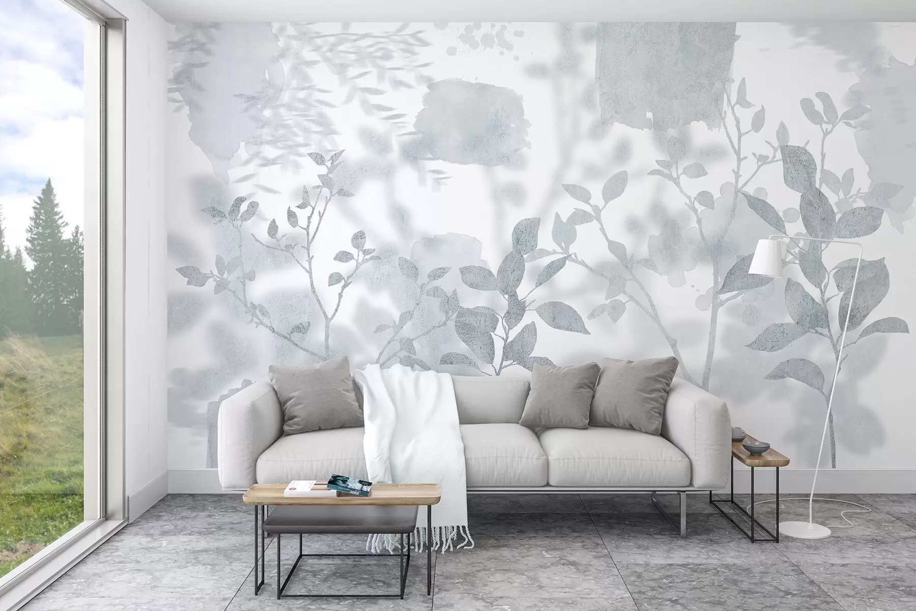 murales de pared Siluetas de árboles, ramas, naturaleza, acuarela, colores azules w03911v2