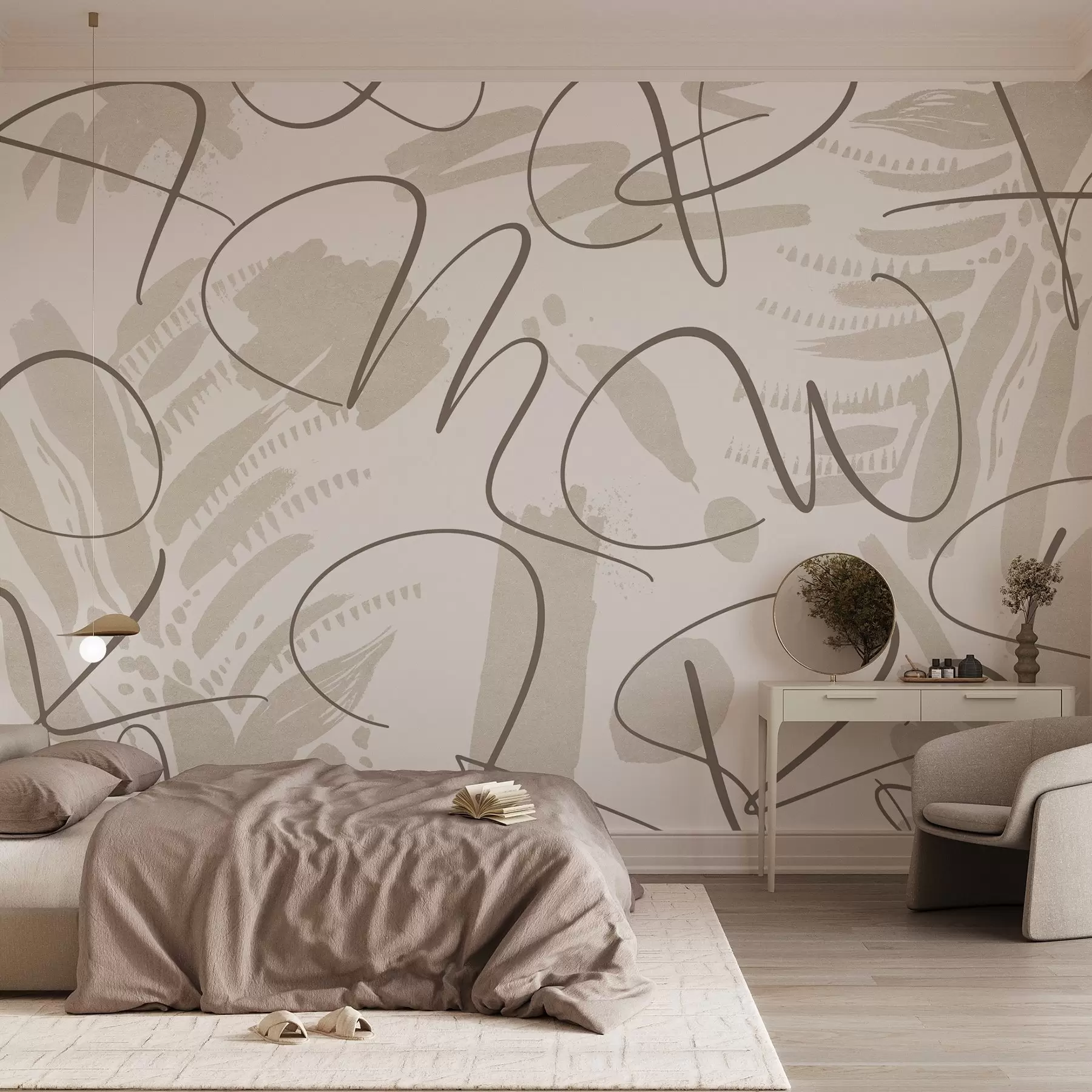 murales de pared Abstracción caligráfica con letras, pinceladas, color beige w03913