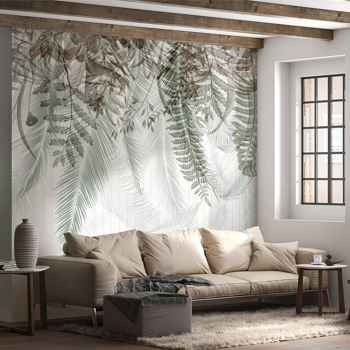 Murales de pared Delicada caída de helechos tropicales y hojas de palmera, fondo geométrico, luz suave, colores apagados, elegante w09106v1 murales de pared Delicada caída de helechos tropicales y hojas de palmera, fondo geométrico, luz suave, colores apagados, elegante w09106v1