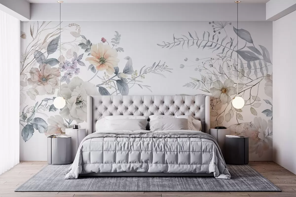 murales de pared Arreglo floral en estilo de pintura de acuarela con flores blancas, melocotón y azul, delicada vegetación sobre fondo blanco w09108