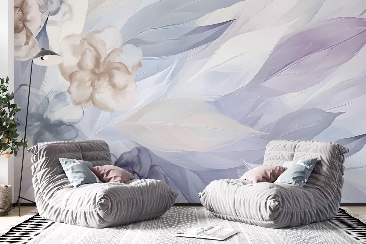 murales de pared Delicadas flores y hojas en tonos blancos, azules, púrpuras y beige fondo floral , colores suaves, delicados pétalos w09111