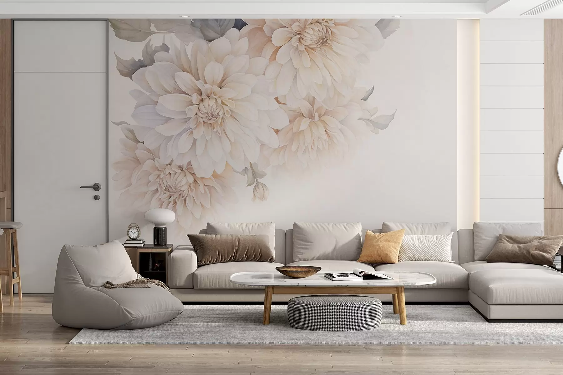 murales de pared Dalias pastel con pétalos suaves y delicados de color melocotón y blanco claro en estilo acuarela, fondo suave w09115