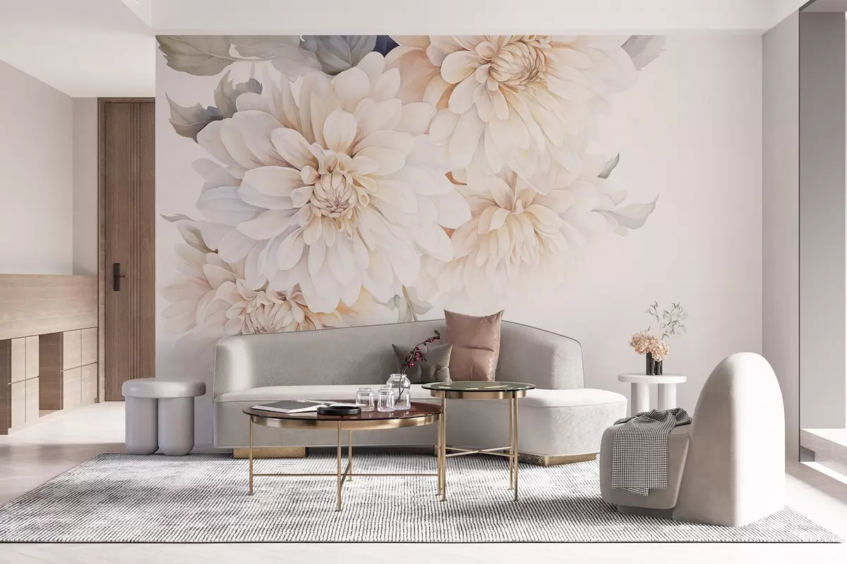 murales de pared Dalias pastel con pétalos suaves y delicados de color melocotón y blanco claro en estilo acuarela, fondo suave w09115