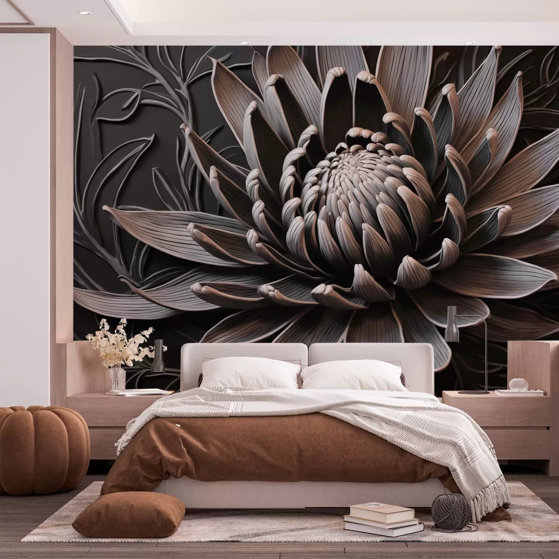 murales de pared Flor de protea, beige y negra w03930