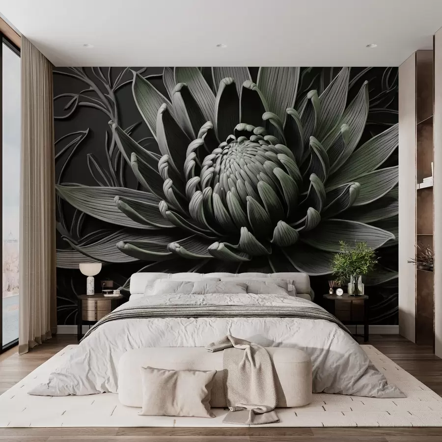 murales de pared Flor de protea, verde y negra w03930v3