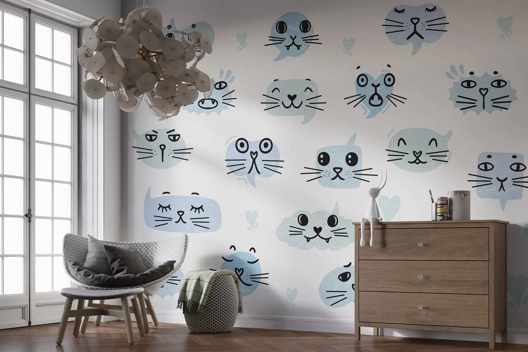 murales de pared Caras de gato en tonos azules w03951v2