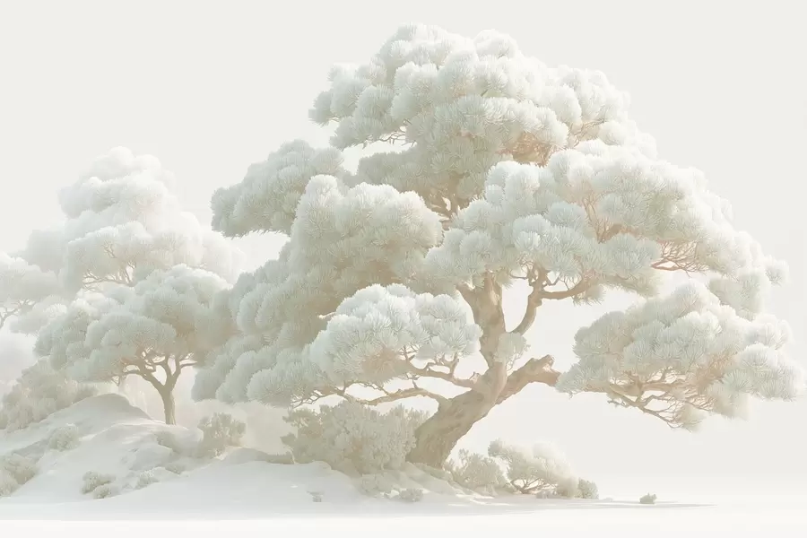 murales de pared Pinos en la niebla en tonos suaves de pie en un bosque w09122