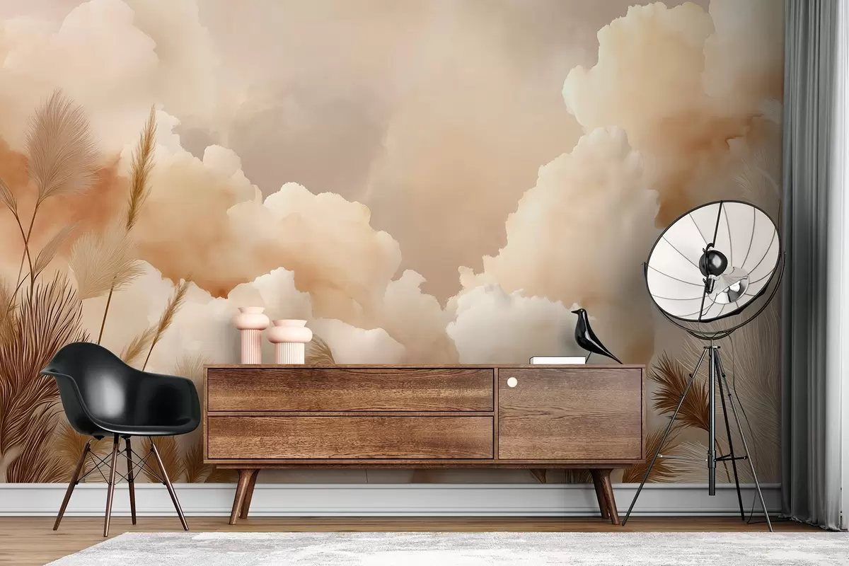 murales de pared Cielo beige con nubes cálidas y hierba de la pampa w09124