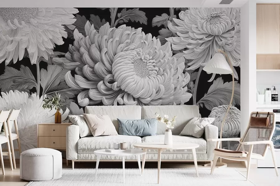 Murales de pared Orquídeas grandes blancas y negras con hojas w09125v1 murales de pared Orquídeas grandes blancas y negras con hojas w09125v1