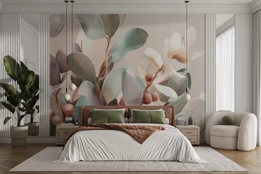 murales de pared Plantas con bayas en tonos pastel claros w09128