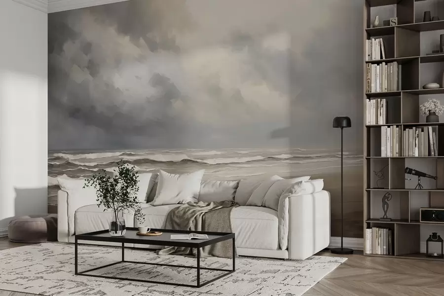 Murales de pared Mar bajo la lluvia, tonos grises y beige, composición atmosférica w03998 murales de pared Mar bajo la lluvia, tonos grises y beige, composición atmosférica w03998
