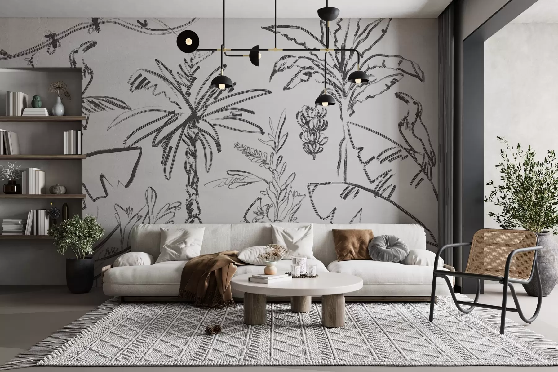 murales de pared Dibujo lineal tropical, plátanos, palmeras, gráficos de contorno w04020