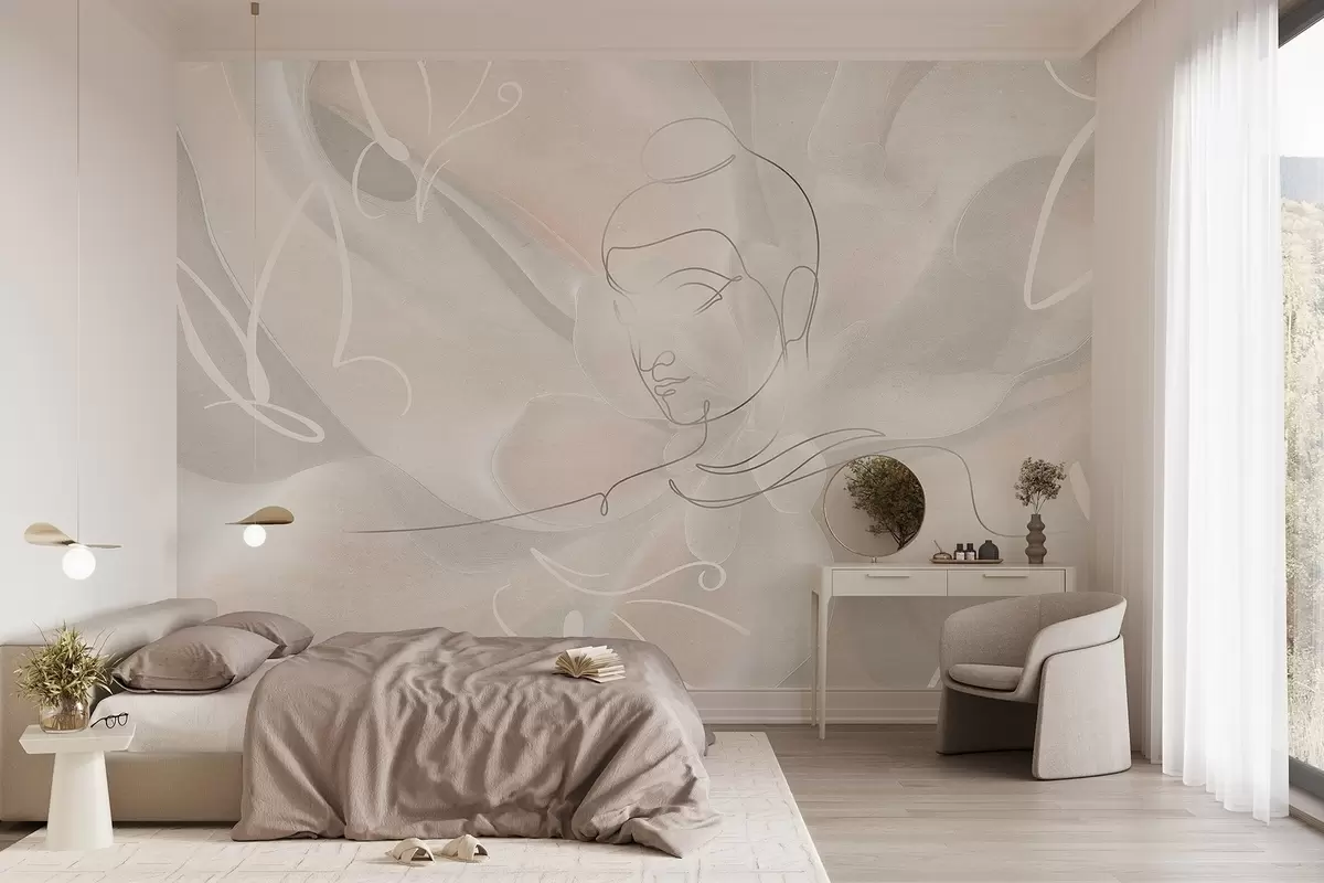 murales de pared Abstracción floral con dibujo lineal de Buda, colores beige w04004