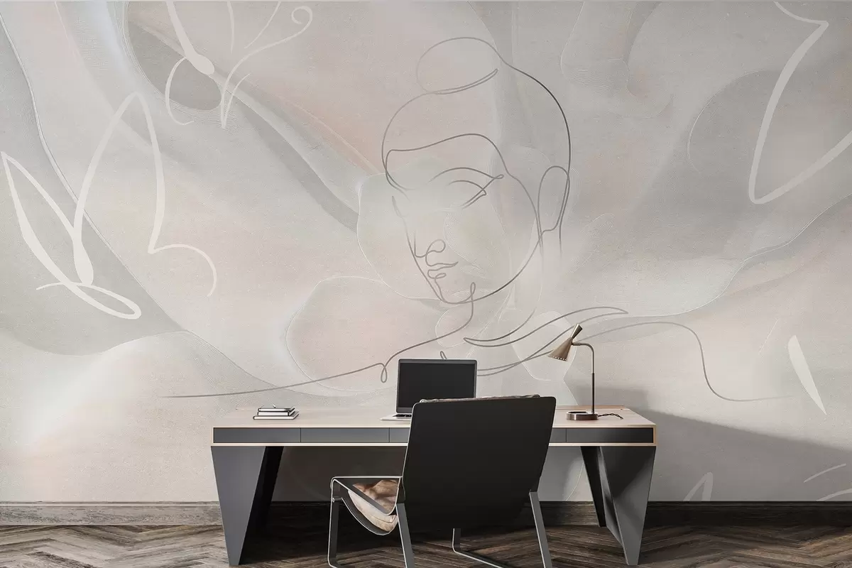 murales de pared Abstracción floral con dibujo lineal de Buda, colores beige w04004