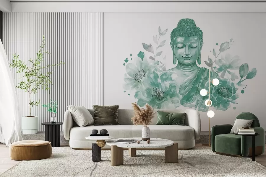 Murales de pared Buda de acuarela con flores, espiritual, paleta de color verde w04005v3 murales de pared Buda de acuarela con flores, espiritual, paleta de color verde w04005v3