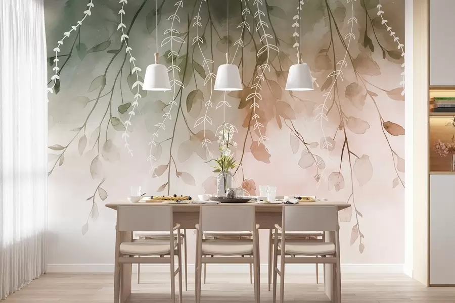 murales de pared Ramas con hojas en estilo acuarela, colores naturales de otoño w04007v1