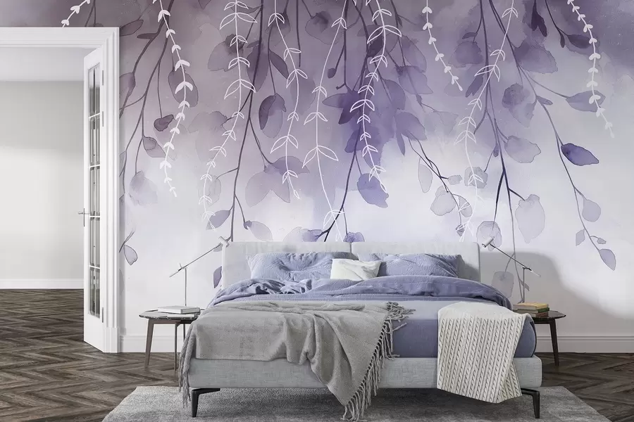 murales de pared Ramas con hojas en estilo acuarela, colores morados naturales w04007v2