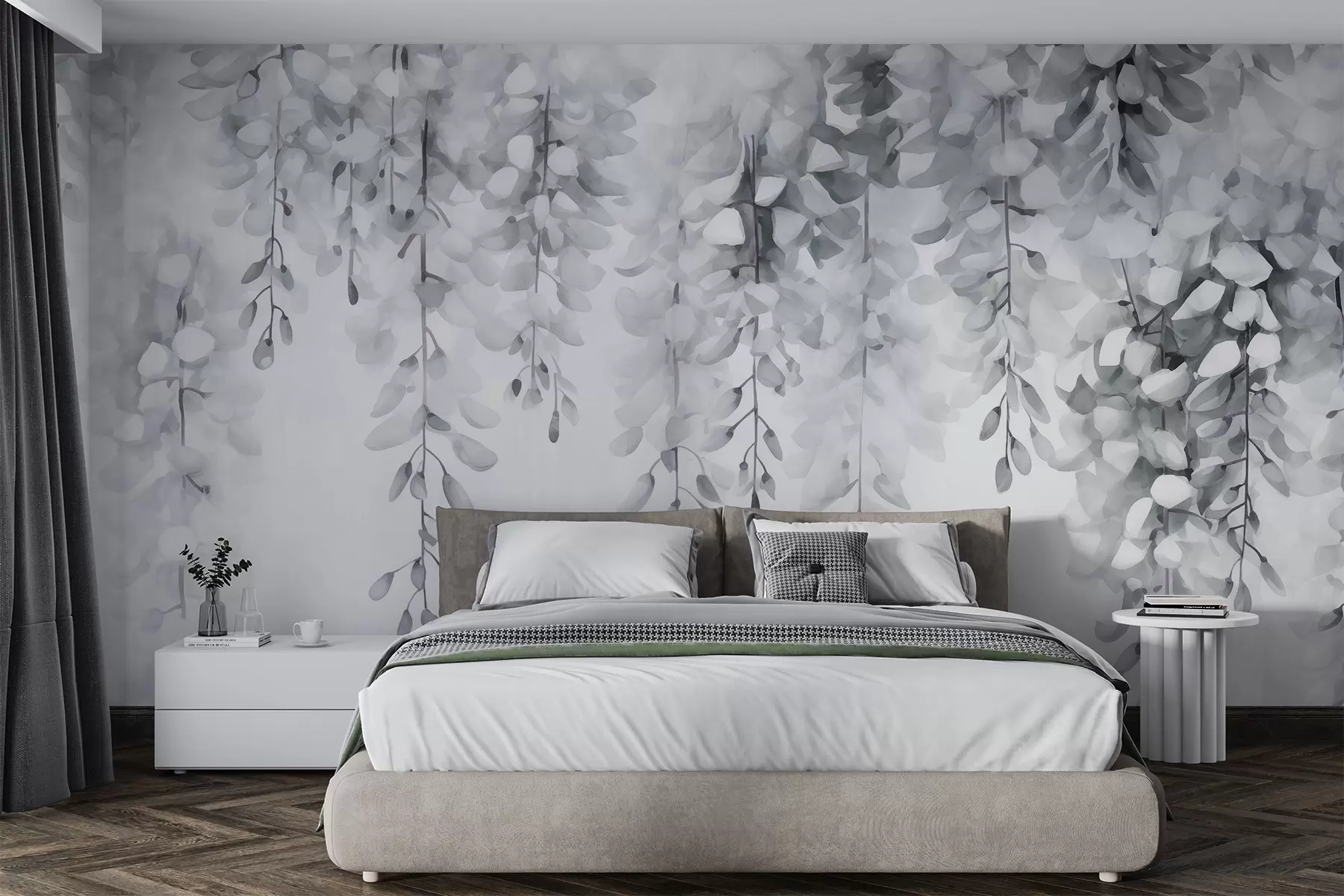 murales de pared Acuarela monocroma con glicinas en cascada en tonos plateados y blancos fríos, que evocan la quietud y la suavidad invernal w04034v1
