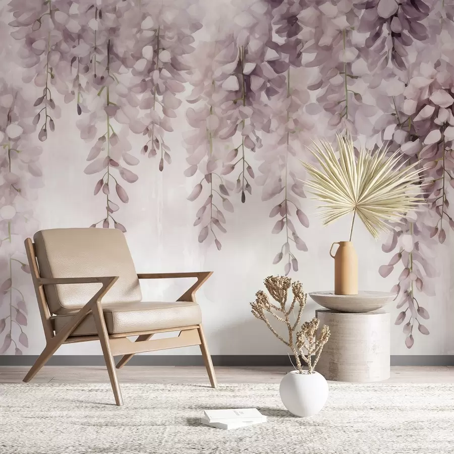 Murales de pared Suave escena de acuarela en tonos rosa cremoso, con racimos de glicinas en cascada formando una cortina floral de ensueño w04034v2 murales de pared Suave escena de acuarela en tonos rosa cremoso, con racimos de glicinas en cascada formando una cortina floral de ensueño w04034v2