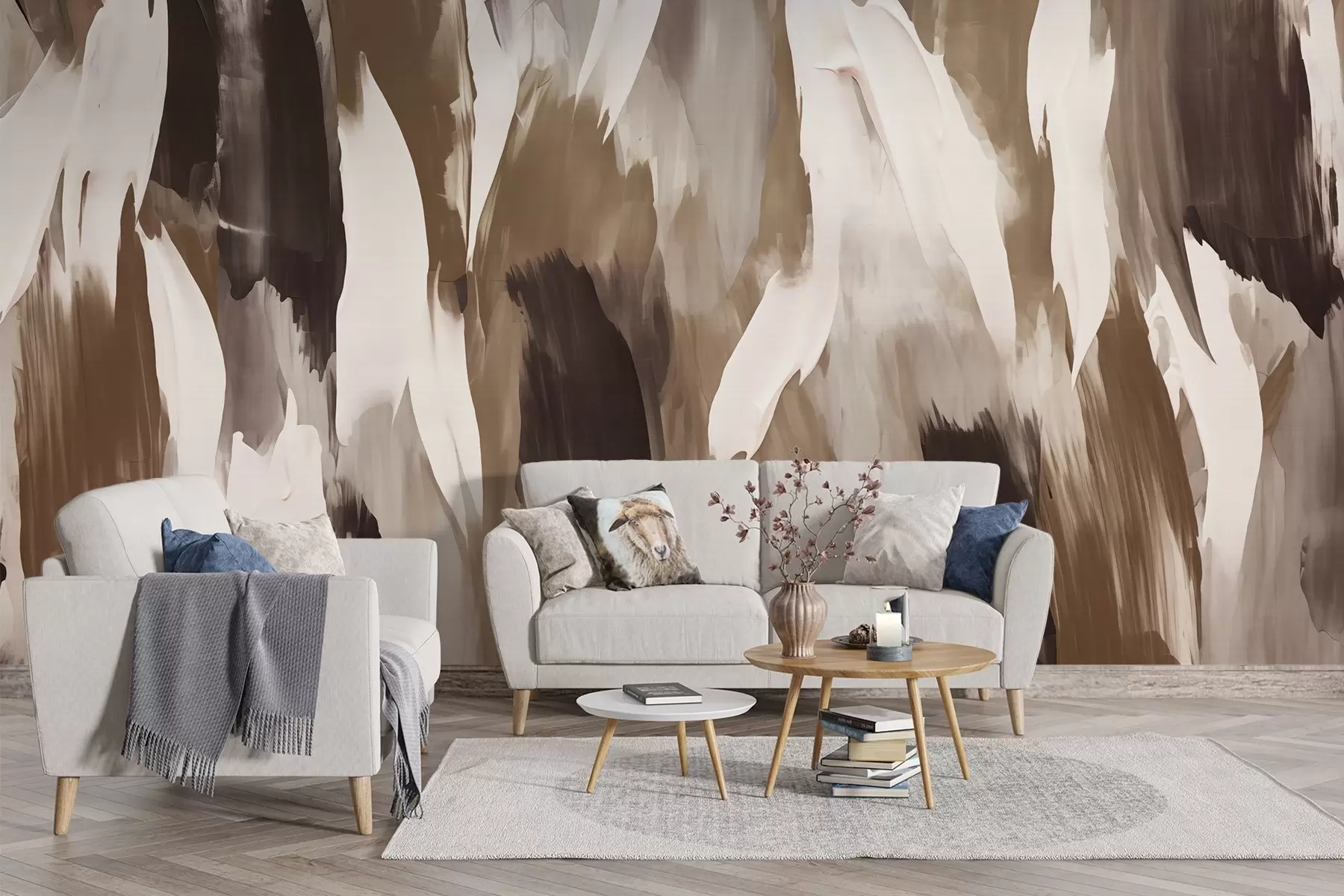 murales de pared textura abstracta de cálidos tonos terrosos -crema, caramelo y café- mezclados en pinceladas fluidas llenas de profundidad y suavidad w04035v2